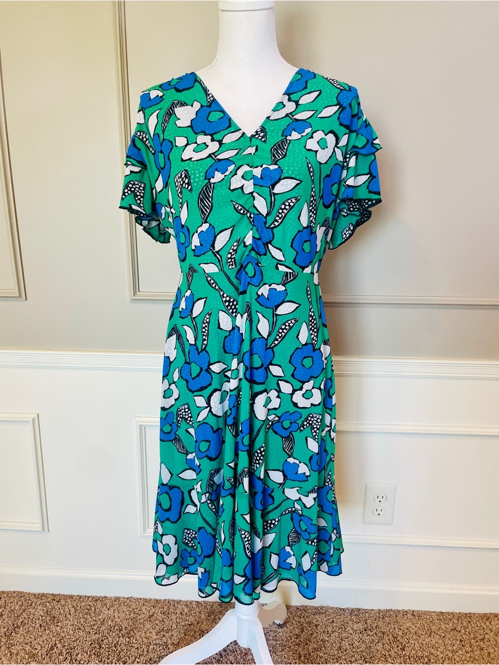 CAbi Celebrate Reversible Dress #6148 Medium Green Floral Black White Polka Dot